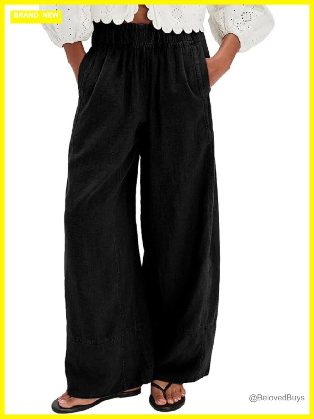 Linen Blend Elastic Waist Wide Leg Palazzo Pants with Pockets